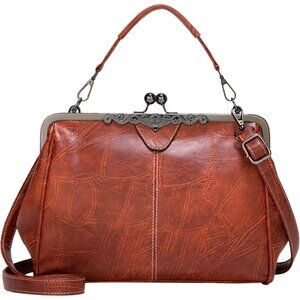 Women's Blue Vegan Leather Kiss Lock Elegant Satchel Evening Crossbody Clutch